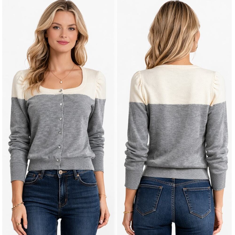 Anthropologie Knitted & Knotted Jewel ButtonCardigan Gray Cream Small Women S